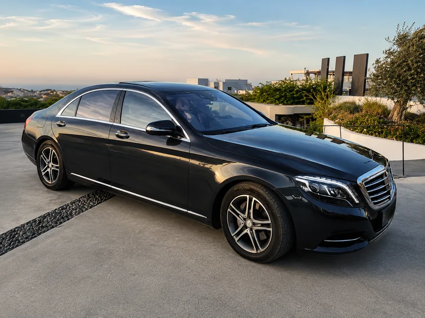 Mercedes S-Class waiting for a private airport transfer in Santorini